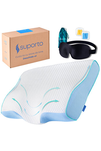 Suporto Set perne cervicale anatomice și ortopedice albastre + mască de dormit 3D, somn confortabil.