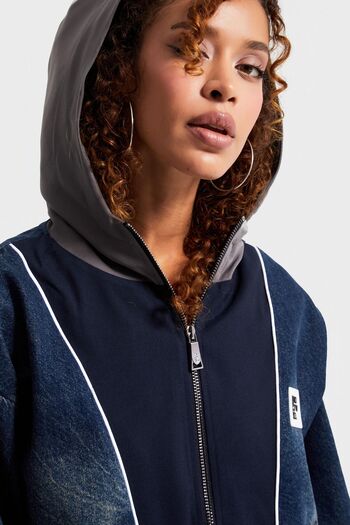 its basic Γυναικείο τζιν Navy Color Denim υφαντό διπλό υφασμάτινο μπουφάν με κουκούλα Oversize