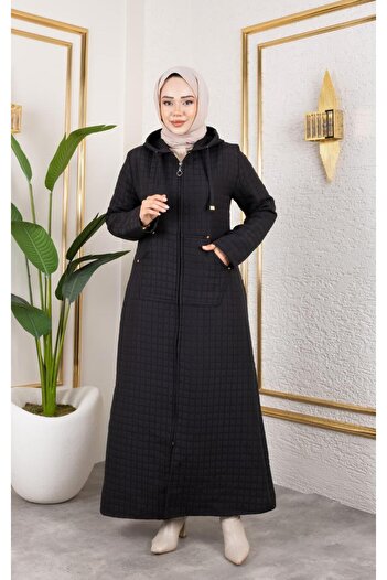 Hb Harma Time Butik Γυναικείο μακρύ καπέλο με κουκούλα με φερμουάρ και τσέπη μαύρο καπιτονέ