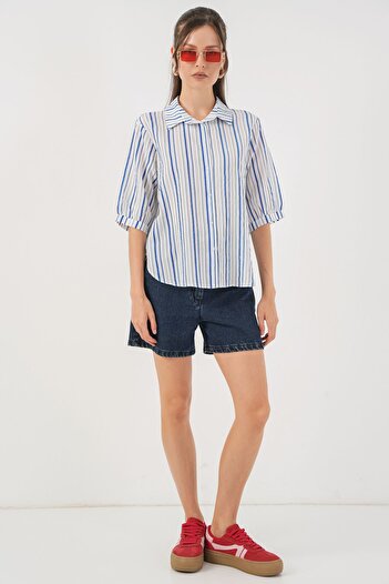 Bigdart Women's Striped Short Sleeve Shirt 20345 - Blue