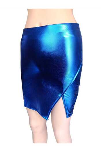 charango Women's Bodycon One Leg Slit Blue Shiny Fabric Mini Skirt