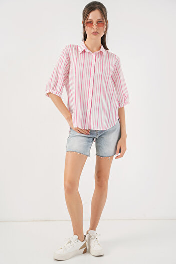 Bigdart Women's Striped Short Sleeve Shirt 20345 - Powder