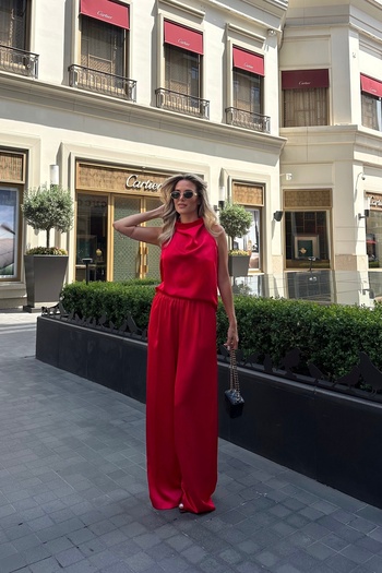 Laluvia Red Satin Blouse Pants Suit - 304900