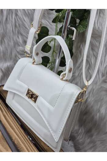 EZZY BLİSS Women's Asymmetrical Cut Quality Leather Lock Detailed Hand Arm Shoulder and Strap Bag - White