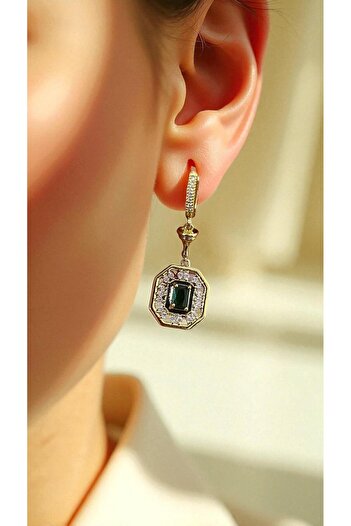 BRZ COLLECTION Vintage Emerald Green Stone Earrings – Gold Color Dangle, Crystal Detail |   Art Deco Style Women's Jewelry