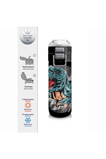 Coral High Dark Gray Black Dinosaur Patterned Steel Thermos Flask 500 ml 31822