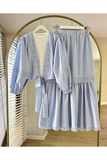 N.S NEVA STYLE Lace Detailed Ice Blue Hijab Skirt Double Set 40201Buzm