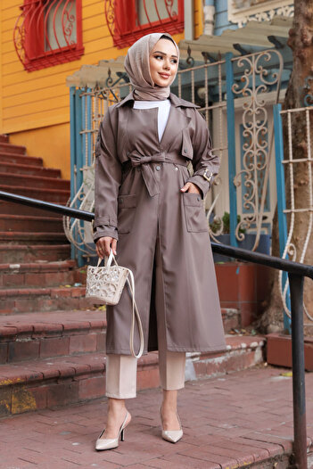 N.S NEVA STYLE Belted Dark Mink Hijab Trench Coat 10701Kv