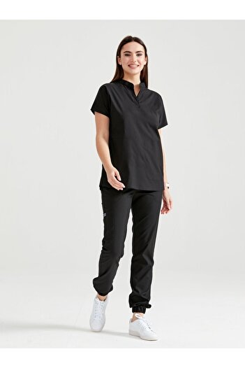 DEMOTEKS Bluza Medicala Negru Unisex Activity – Scrub Top Uniforma Asistenta si Doctor