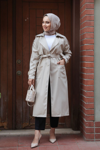 N.S NEVA STYLE Beige Hijab Trench Coat with Belt 10701Bej