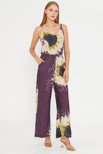 armonika Women's Plum Front Back V Strap Jumpsuit with Elastic Waist and Pockets Arm-25Y001035