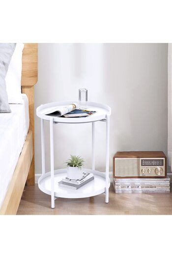 awwaline Round Coffee Table with Two Levels, Metal, White, 42 x 52 cm
