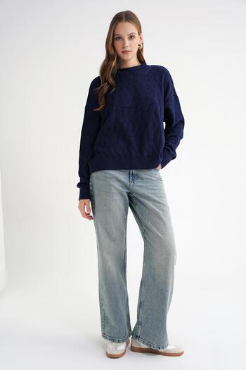 Mixray 6947 Women's Self Patterned Oversize Knitwear Sweater Navy Blue