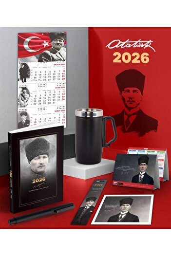 Mor kelebek 2026 Ататюрк Командирски Дневник - Звезден Календар за стена - Календар за бюро - Термос чаша с капак и дръжки