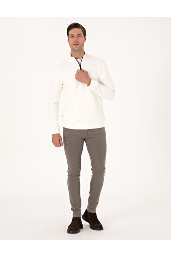 Pierre Cardin Ekru 3 İplik Regular Fit Fermuarlı Dik Yaka Basic Sweatshirt 50314044-VR019