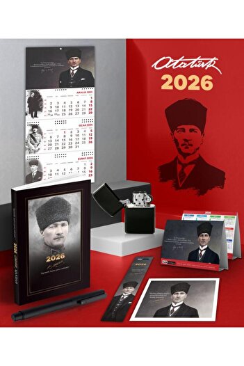 Mor kelebek 2026 Ататюрк Командирски Дневник - Гази Стена Календар - Настолен Календар - Химикалка и Бензинова Запалка
