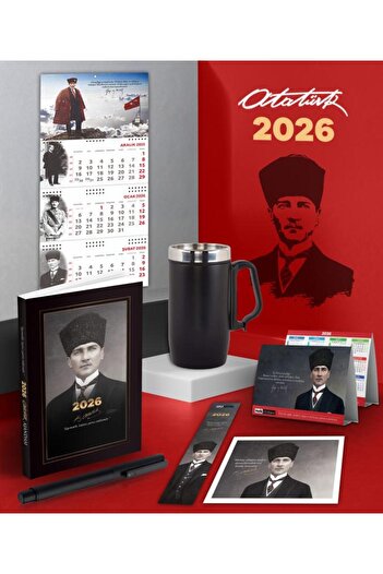 Mor kelebek 2026 Ататюрк с калпак - календар за стена - календар за бюро - термос с капак и дръжки