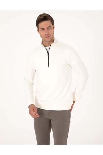 Pierre Cardin Ekru 3 İplik Regular Fit Fermuarlı Dik Yaka Basic Sweatshirt 50314044-VR019