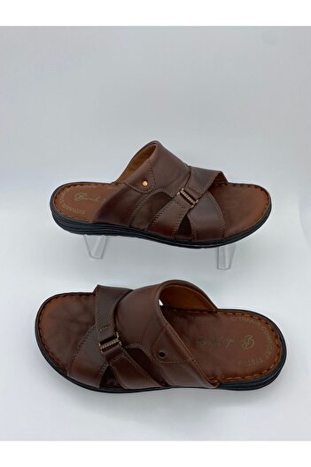 BURAK ALDAY SHOES Men's Genuine Leather Massage Sole Brown Slippers