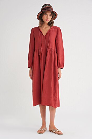Mixray 4739 Women's Collar Tie Muslin Midi Dress Tile