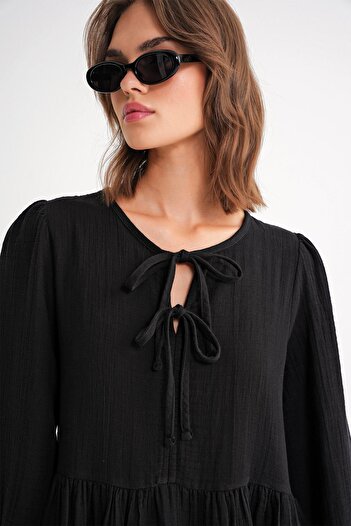 Mixray 4739 Women's Collar Tie Muslin Midi Dress Black