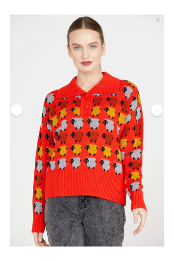 Namaste Vintage Red Color Sheep Pattern Polo Neck Knitwear Sweater