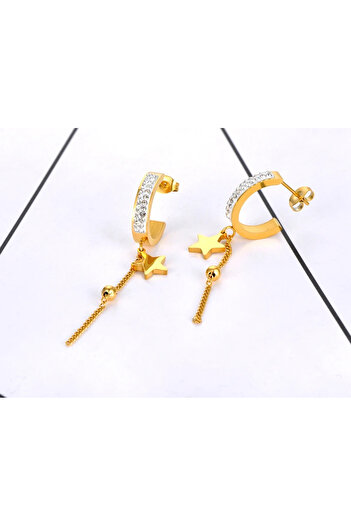 Eva Grace Gatlin earrings, gold, long, made of 18K gold-plated stainless steel, star pattern - P Collection