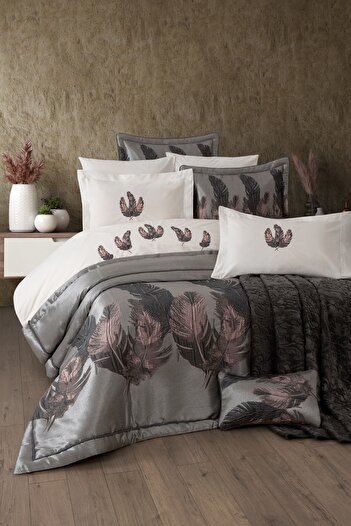 Sevim 11 Piece Dowry Set with Blanket - Taffeta Bedspread & Duvet Cover Dowry Set-Peludo-Powder