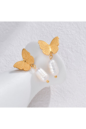 Eva Grace Daria earrings, gold, with pearls, butterfly-shaped, made of stainless steel - Universe of P Collection