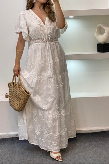Suziş Relief Flower Embroidered Short Sleeve Lined Dress M38451