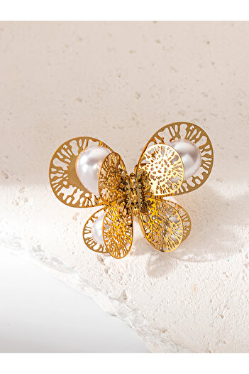 Eva Grace Tilda ring, gold, stainless steel, butterfly-shaped, with pearl, adjustable - Univ Collection
