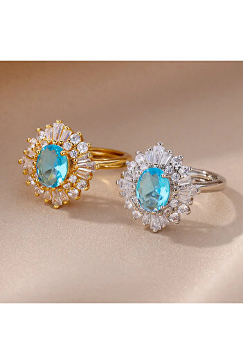 Eva Grace Lizeth ring, silver, with blue stone, made of stainless steel, decorated with zirconia, adjustable - C