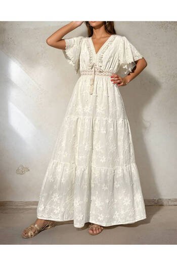 Suziş Relief Flower Embroidered Short Sleeve Lined Dress M38451