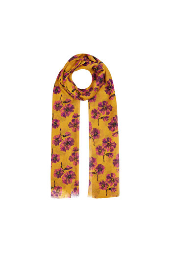 ipekevi Mustard Yellow Violet Patterned Wool Silk Shawl