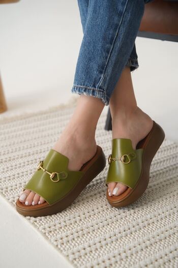ETİLER COLLECTION Nelly Khaki Green Genuine Leather Slippers