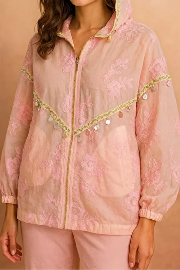 Suziş Embroidery and Bead Detail Hooded Zipper Jacket M38929