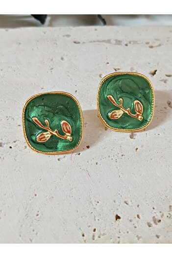mos&more Nefti Green Enamel Gold Square Earrings