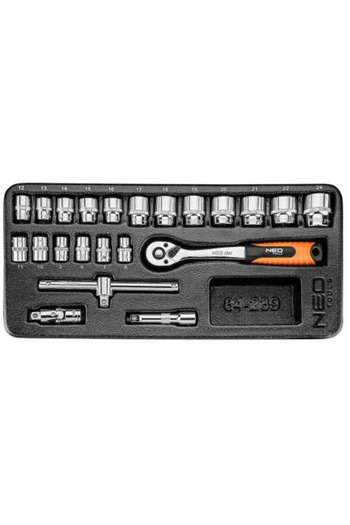 NEO Set capete tubulare scurte cu clichet, pentru dulap mobil, 3/8", 6-24 mm, 22 piese,