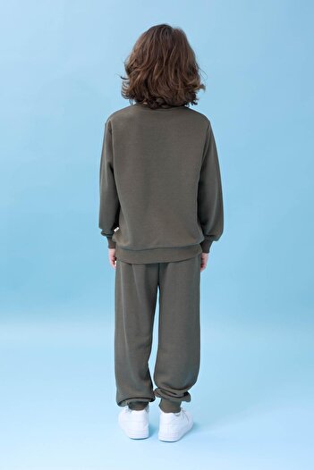 Perendi Boy's Crew Neck Printed Seasonal Top and Bottom Set - Khaki