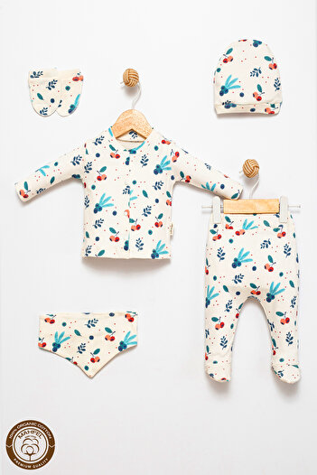 MAHFEL 100% Cotton Organic Blueberry Printed Newborn Hospital Discharge Set 5 Pieces