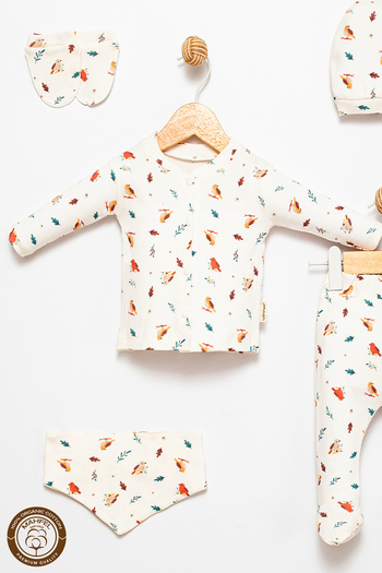 MAHFEL 100% Cotton Organic Bird Printed Newborn Hospital Discharge Set 5 Pieces