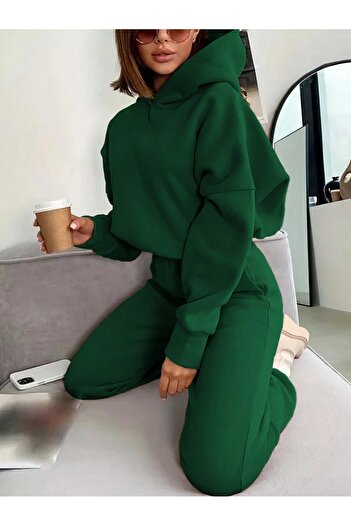 darkopia Unisex Men's Women's Unprinted Basic Printed Oversize 3 Thread Hooded Tracksuit Set