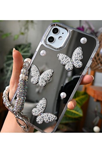 Go Aksesuar Anti-Knock Silicone Case Compatible with iPhone 11 with Mirrored Charm Butterfly Design