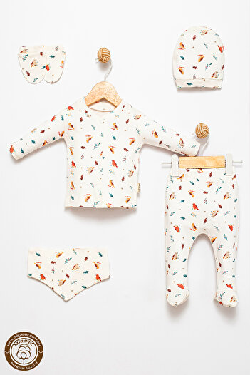 MAHFEL 100% Cotton Organic Bird Printed Newborn Hospital Discharge Set 5 Pieces