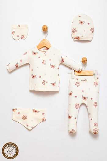 MAHFEL 100% Cotton Organic Butterfly Flower Printed Newborn Hospital Discharge Set 5 Pieces