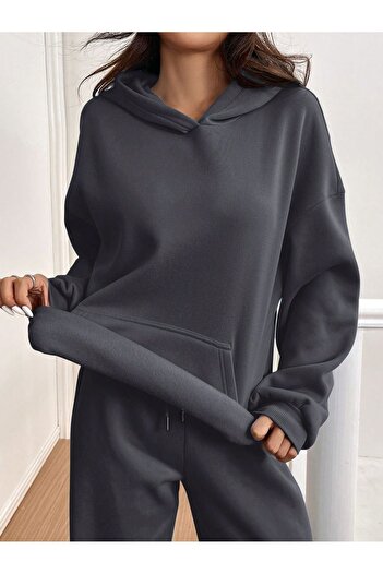 darkopia Unisex Men's Women's Unprinted Basic Printed Oversize 3 Thread Hooded Tracksuit Set