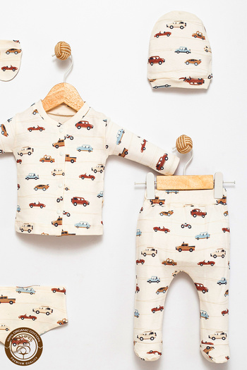 MAHFEL 100% Cotton Organic Car Printed Newborn Hospital Discharge Set 5 Pieces