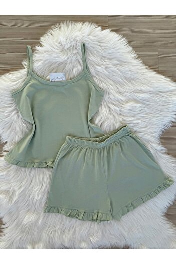 Pijamacs Mint Green Cotton Rope Strap Ruffle Detail Shorts Pajama Set