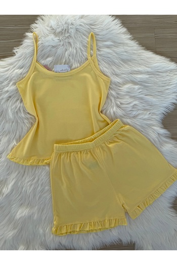 Pijamacs Yellow Cotton Rope Strap Ruffle Detail Shorts Pajama Set
