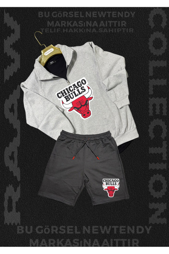 Minikelya Chigago Bulls Half Zipper Stand Collar Sweatshirt - Shorts Fan Cotton 2 Yarn Set